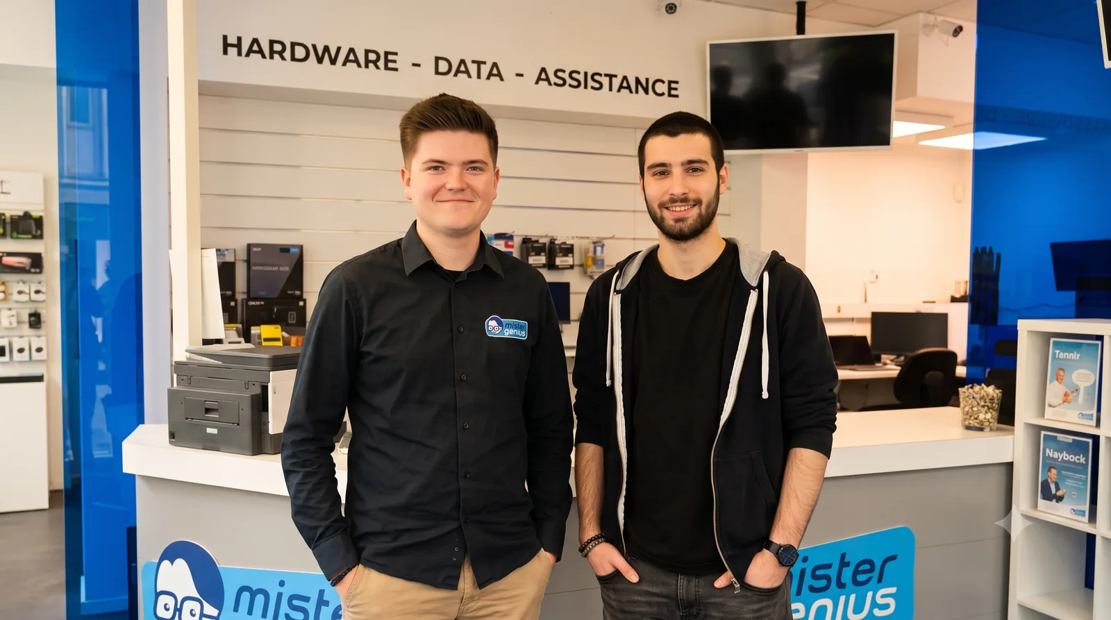 Techniciens au comptoir du magasin Mister Genius de Liège