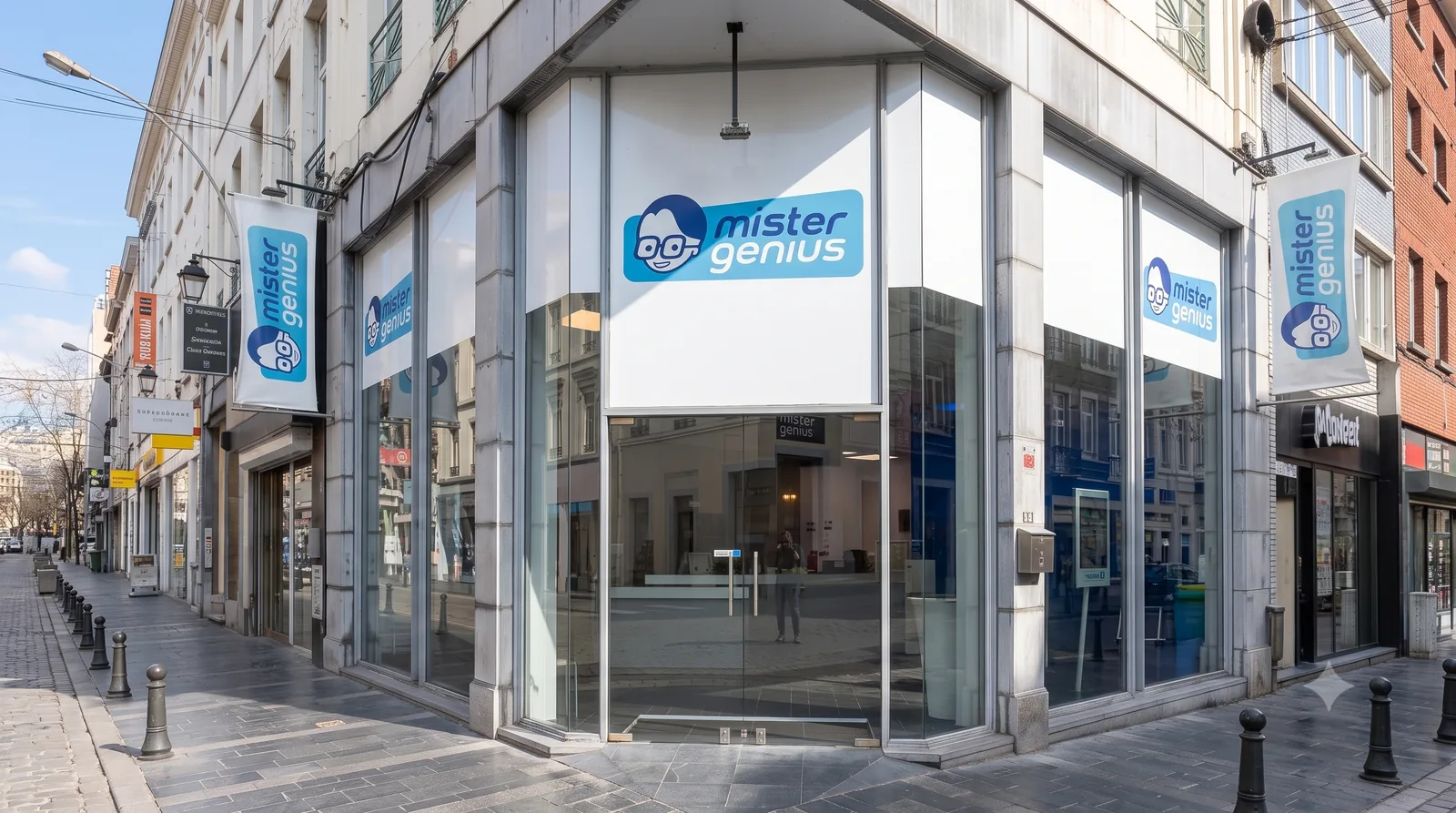 Façade du magasin Mister Genius à Liège, vitrine d'angle rue de la Cathédrale
