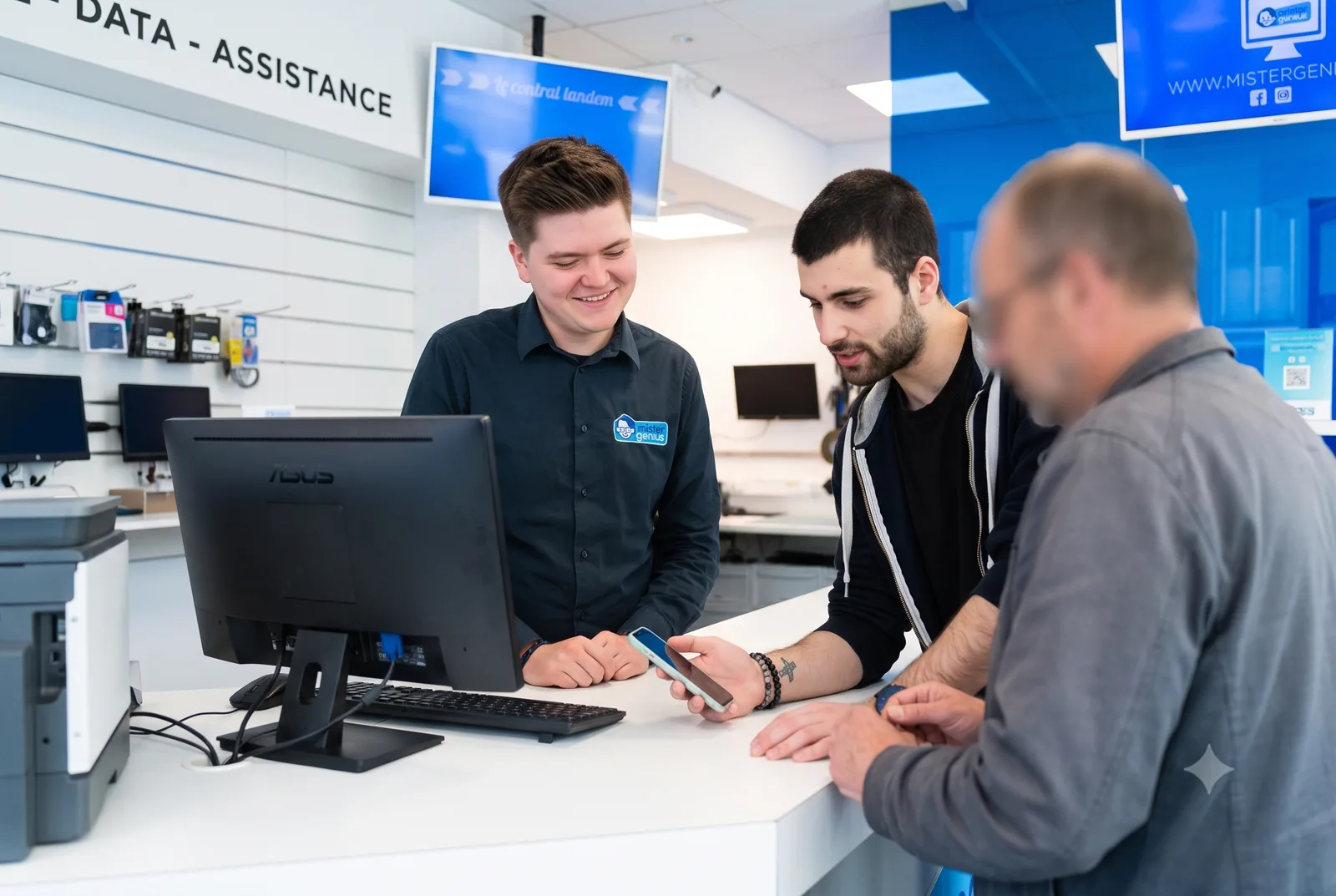 Prise en charge d'un appareil au comptoir du magasin, à Liège